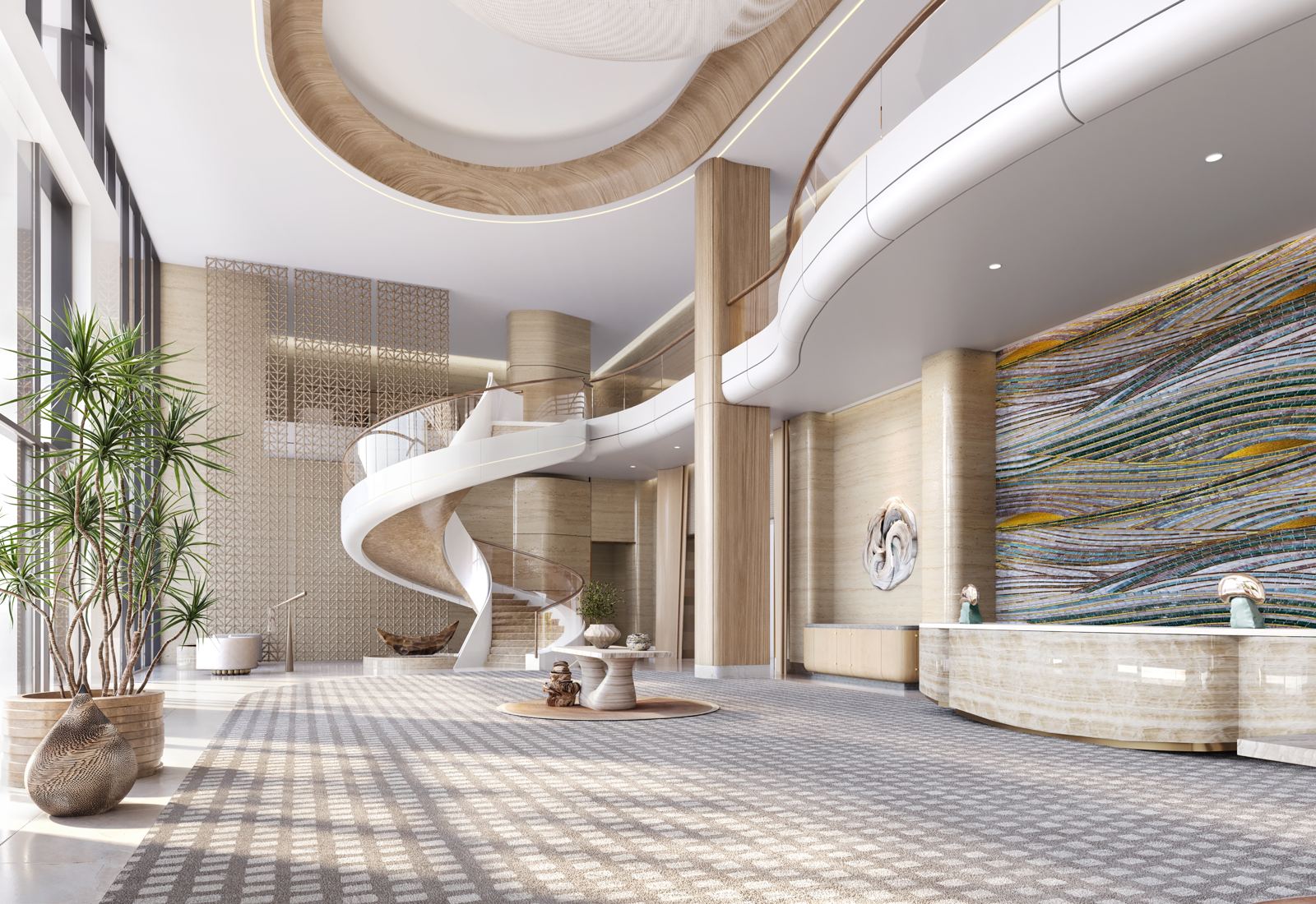 Grand lobby with sculptural staircase