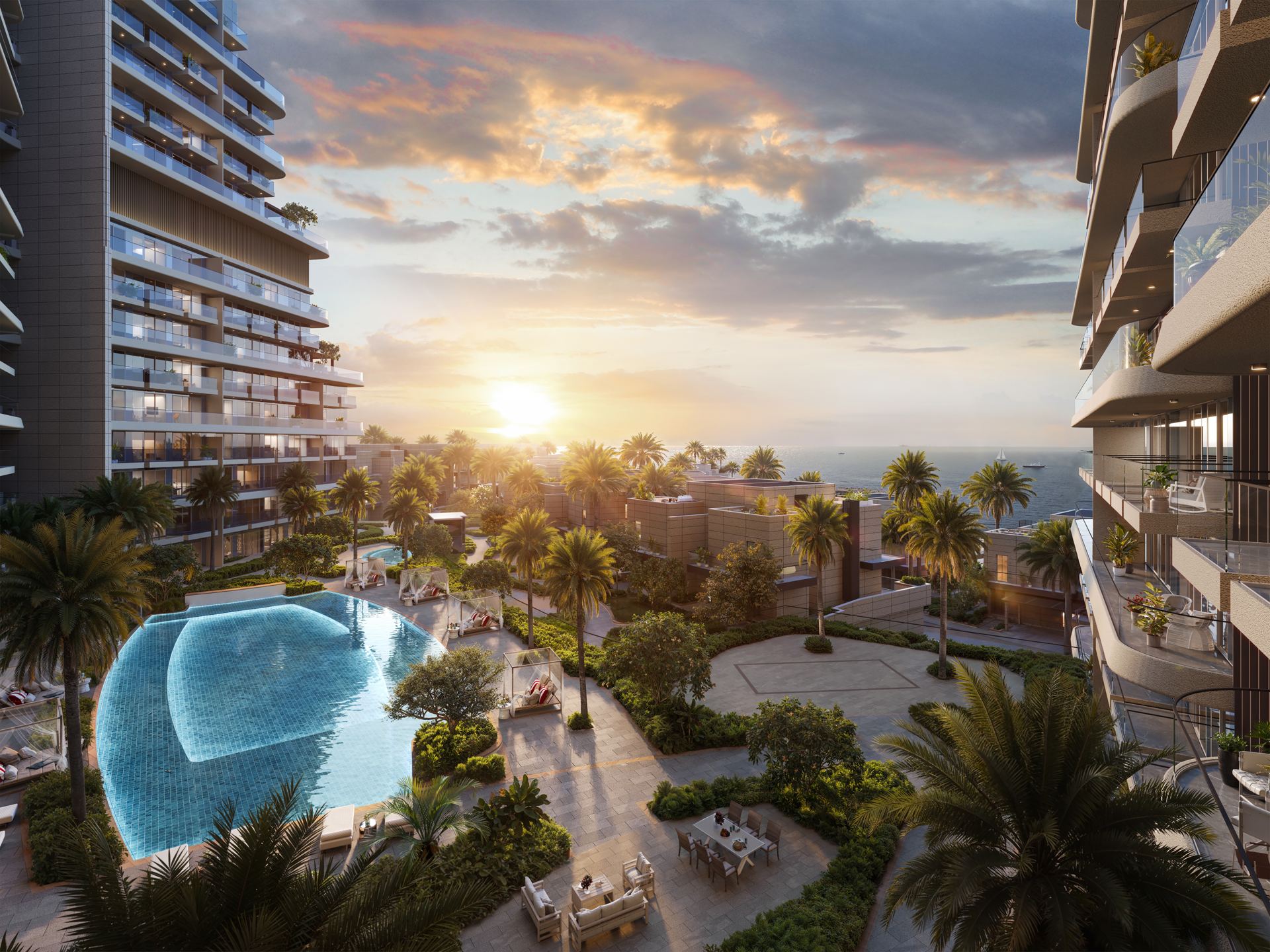 Lagoon pool and landscaped gardens at sunset