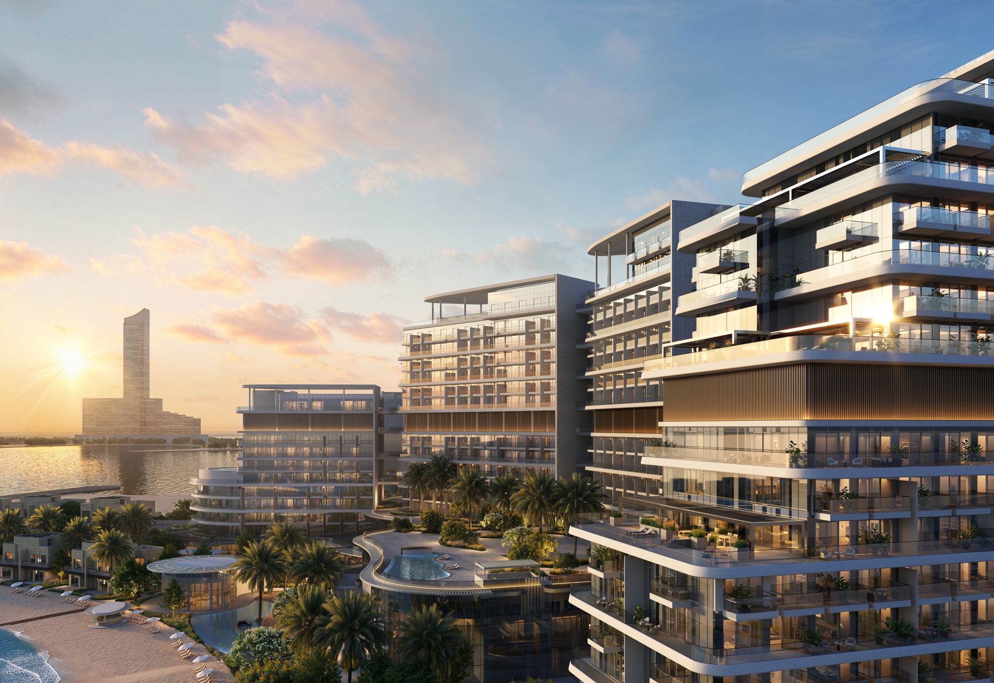 The Residences at Nasim Al Bahr resort at sunset on Al Marjan Island